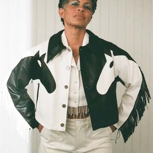 FASHION BRAND COMPANY dueling horses faux leather fringe jacket